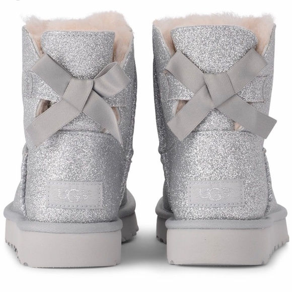 UGG Mini Bailey Bow Silver Sparkle Boots Glitter - Picture 4 of 8